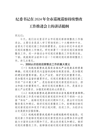 纪委书记在2024年全市巡视巡察持续整改工作推进会上的讲话提纲