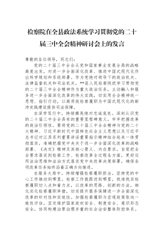检察院在全县政法系统学习贯彻党的二十届三中全会精神研讨会上的发言