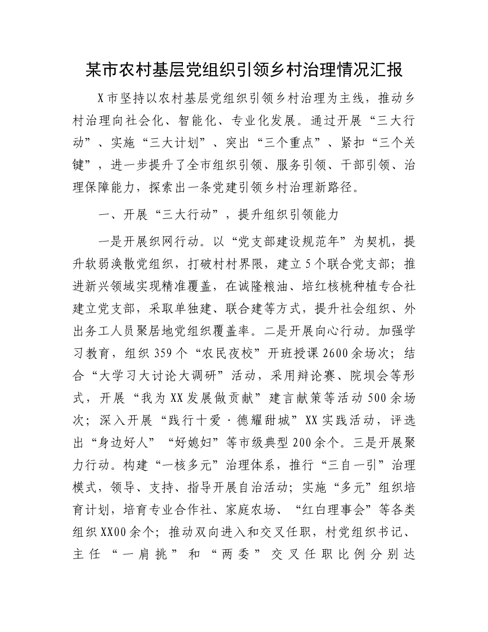 某市农村基层党组织引领乡村治理情况汇报_第1页