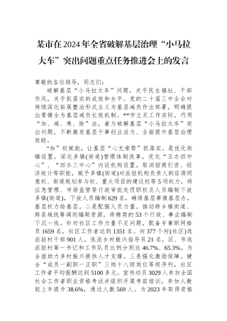 某市在2024年全省破解基层治理“小马拉大车”突出问题重点任务推进会上的发言