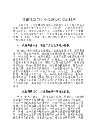 某市抓新型工业经济经验交流材料