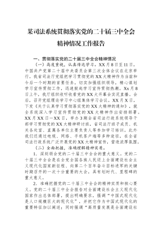 某司法系统贯彻落实党的二十届三中全会精神情况工作报告
