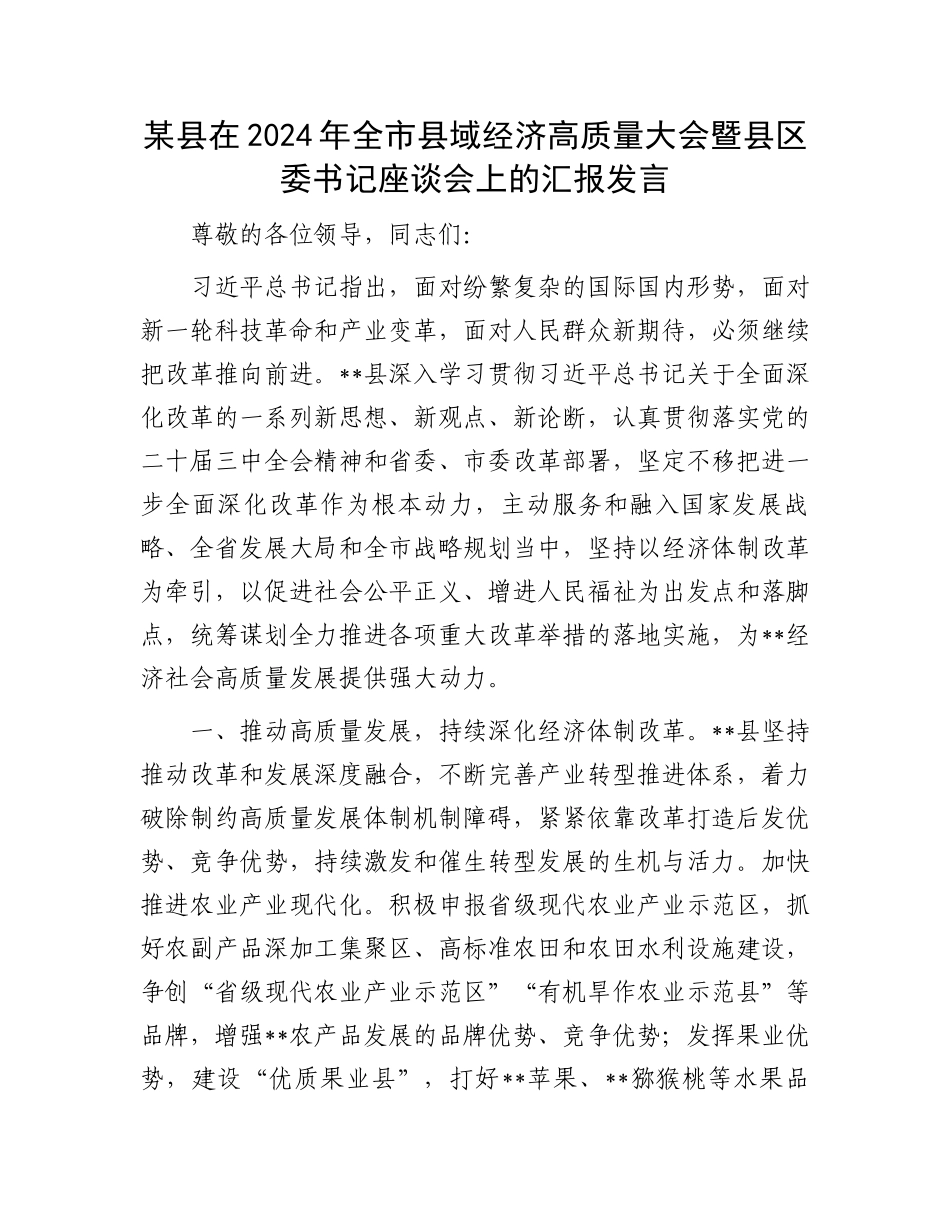 某县在2024年全市县域经济高质量大会暨县区委书记座谈会上的汇报发言_第1页