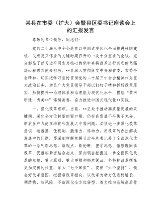 某县在市委（扩大）会暨县区委书记座谈会上的汇报发言