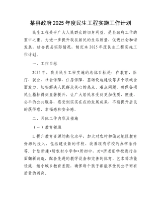 某县政府2025年度民生工程实施工作计划