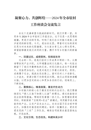 凝聚心力，共创辉煌——2024年全市驻村工作座谈会交流发言