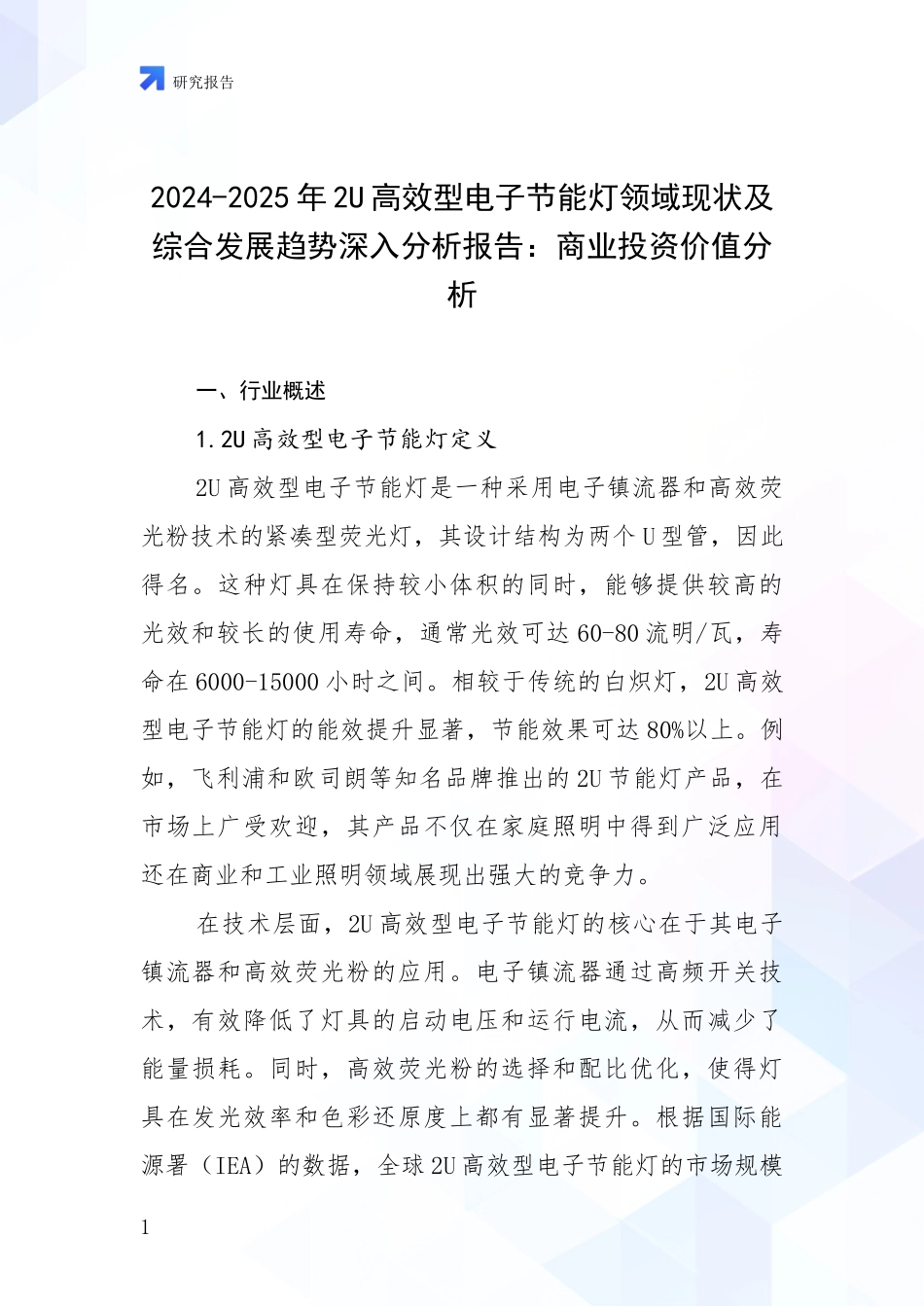 2024-2025年2U高效型电子节能灯领域现状及综合发展趋势深入分析报告：商业投资价值分析_第1页