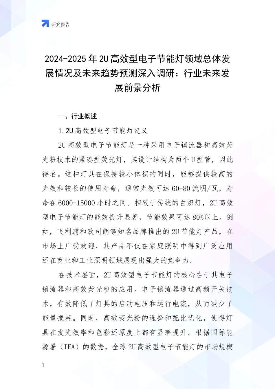 2024-2025年2U高效型电子节能灯领域总体发展情况及未来趋势预测深入调研：行业未来发展前景分析_第1页