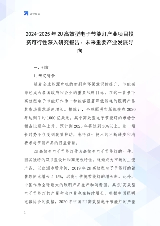 2024-2025年2U高效型电子节能灯产业项目投资可行性深入研究报告：未来重要产业发展导向