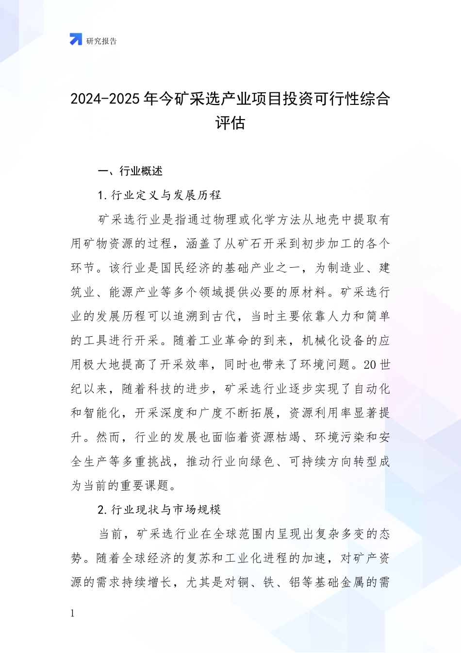 2024-2025年今矿采选产业项目投资可行性综合评估_第1页