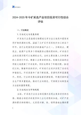 2024-2025年今矿采选产业项目投资可行性综合评估