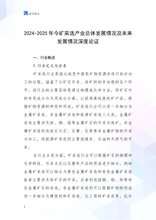 2024-2025年今矿采选产业总体发展情况及未来发展情况深度论证