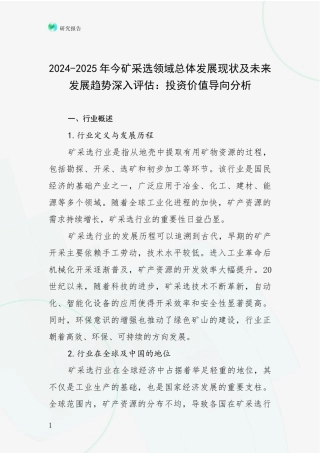 2024-2025年今矿采选领域总体发展现状及未来发展趋势深入评估：投资价值导向分析