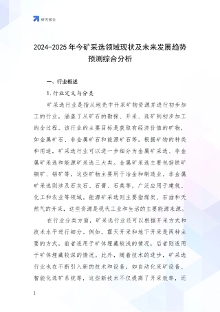 2024-2025年今矿采选领域现状及未来发展趋势预测综合分析