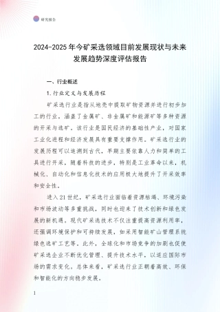 2024-2025年今矿采选领域目前发展现状与未来发展趋势深度评估报告