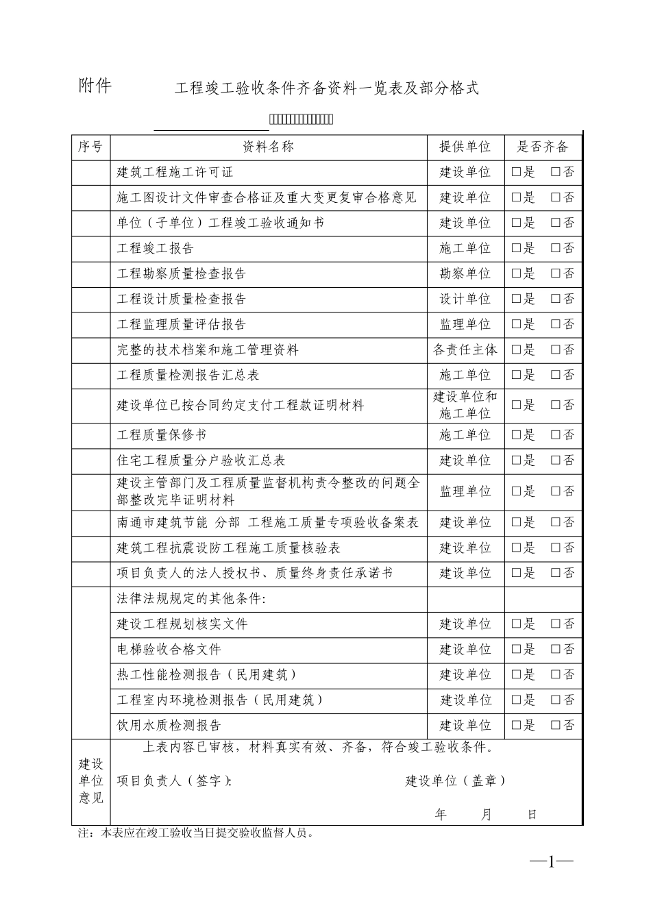 工程竣工验收条件齐备资料一览表及部分格式_第1页