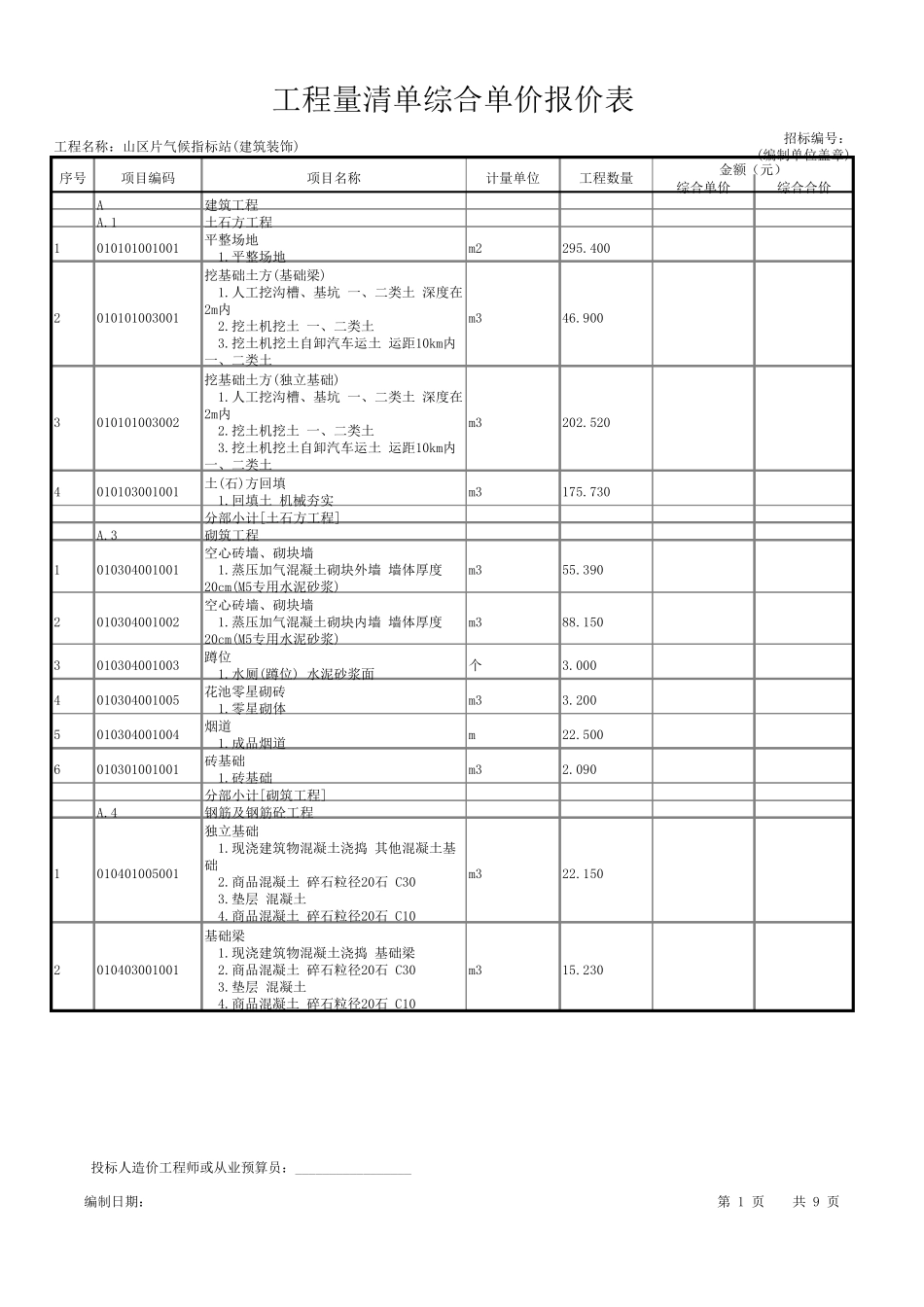 工程量清单综合单价报价表_第1页
