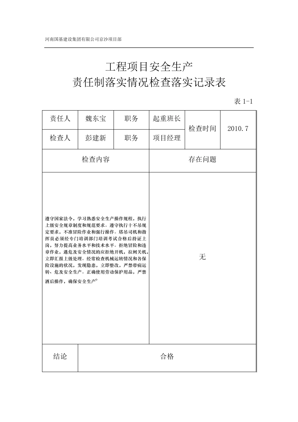 工程项目安全生产责任制落实情况检查落实记录表_第1页