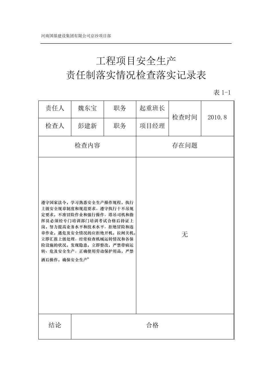 工程项目安全生产责任制落实情况检查落实记录表_第2页