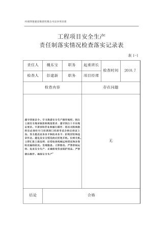 工程项目安全生产责任制落实情况检查落实记录表