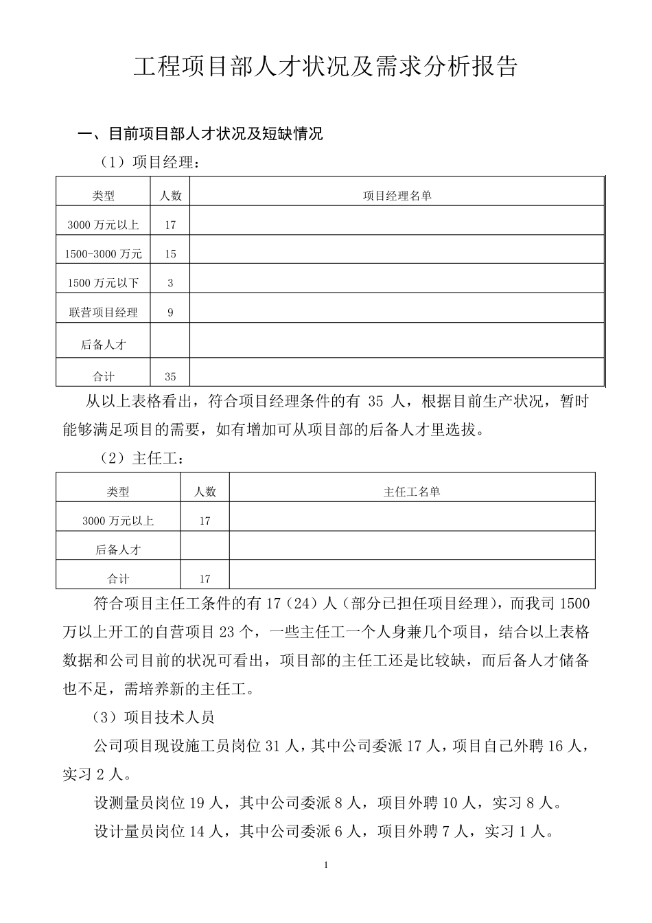 工程项目部人才状况及需求分析报告_第1页