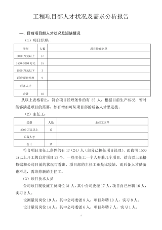 工程项目部人才状况及需求分析报告