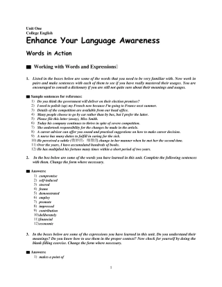新世纪大学英语综合教程1_课后答案_第二版__秦秀白_Unit_1_KeytoSomeExercises_U1