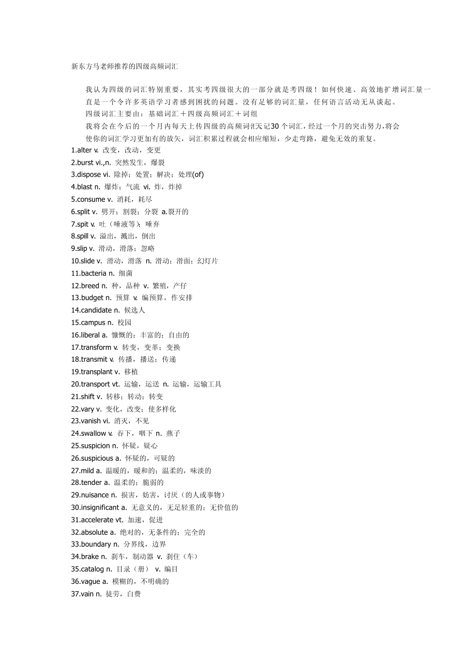 新东方马老师推荐的四级高频词汇_第1页