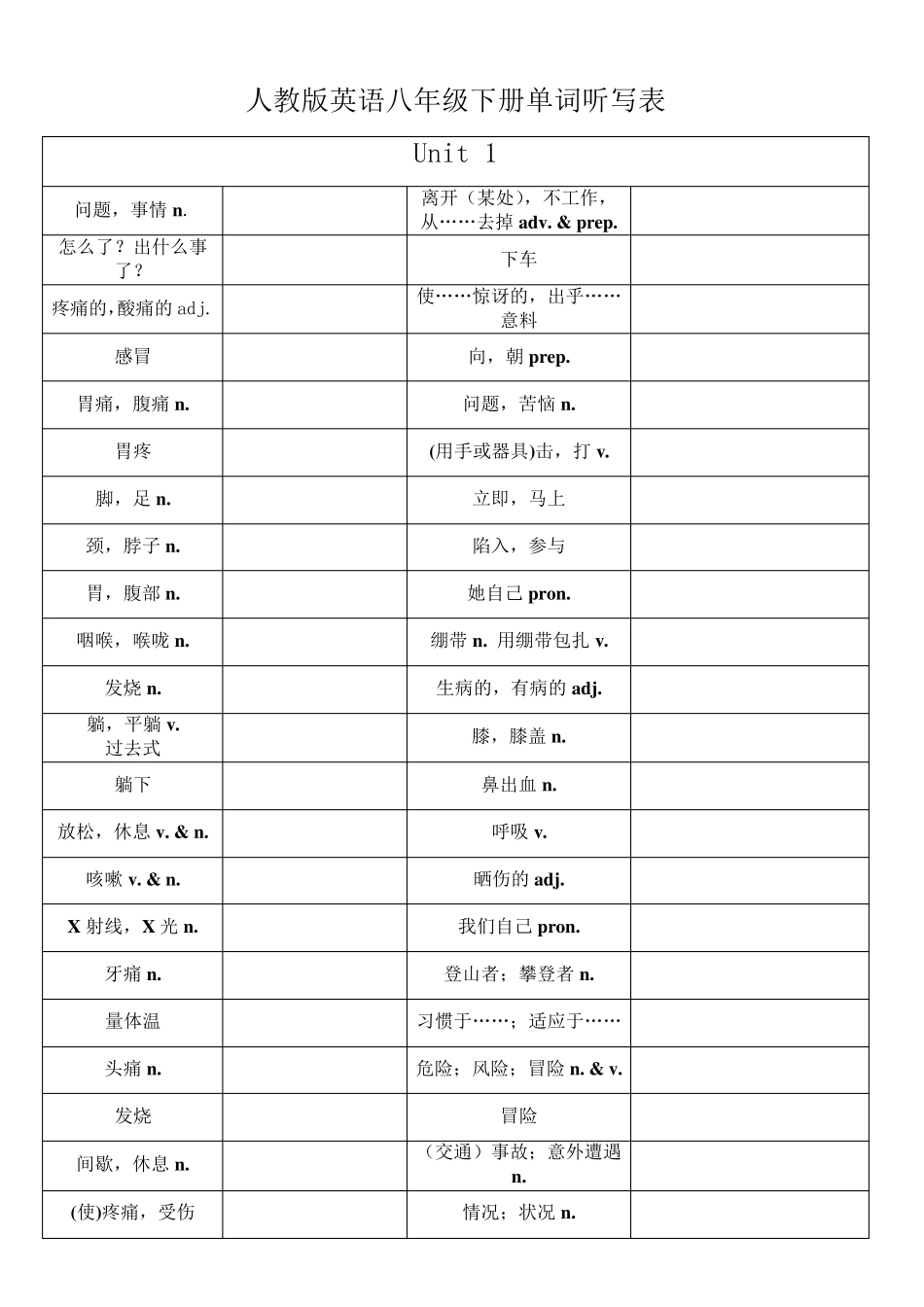新人教版八下英语单词听写表_第1页