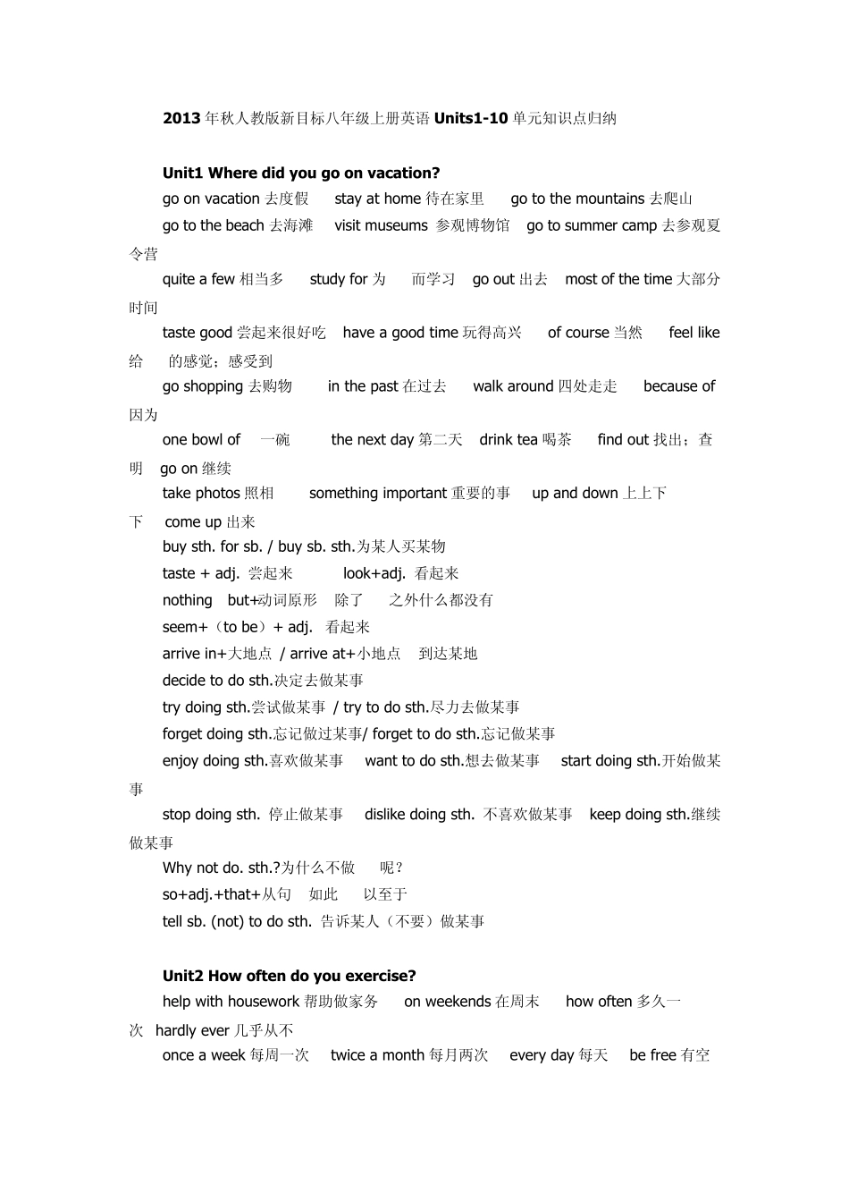新人教版八年级上册英语Units110单元知识点归纳_第1页