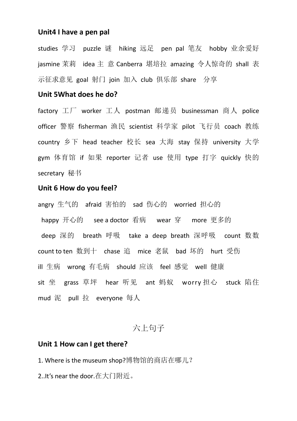 新人教版六年级英语各单元词汇及重点句子_第2页