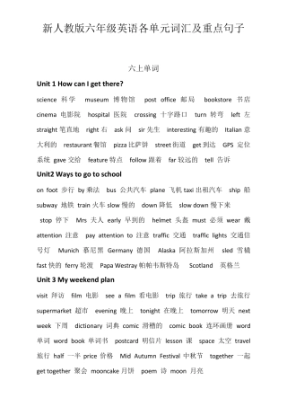 新人教版六年级英语各单元词汇及重点句子