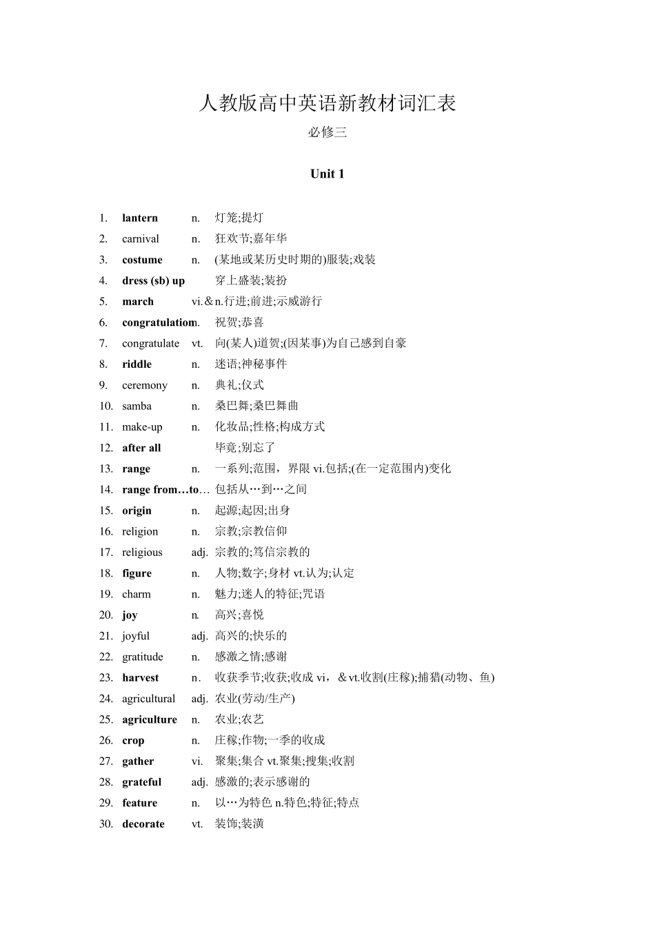 新人教版教材高中英语必修三词汇表_第1页