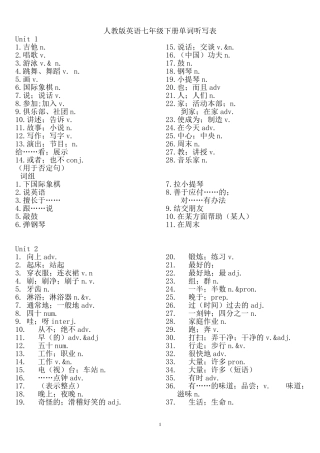 新人教版英语七年级下册单词听写表(汉语版)