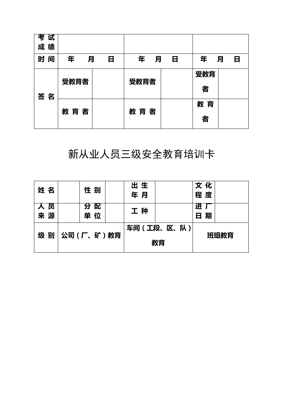 新从业人员三级安全教育培训卡_第2页
