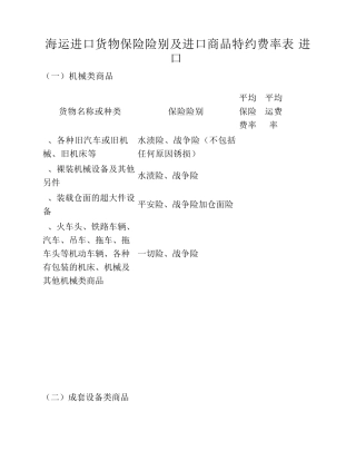 海运进口货物保险险别及进口商品特约费率表(进口)