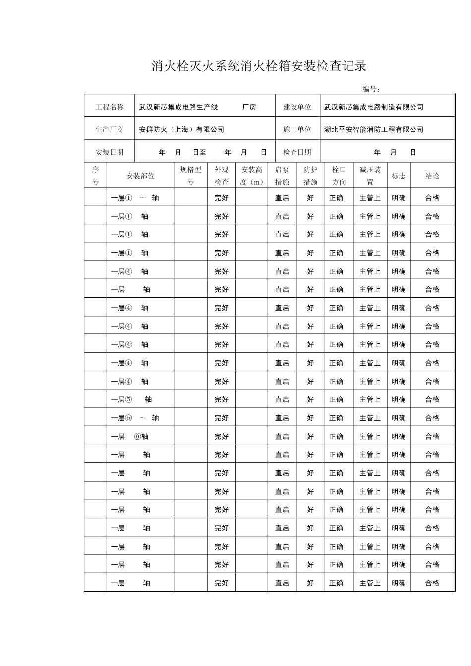 消火栓灭火系统消火栓箱安装检查记录_第1页
