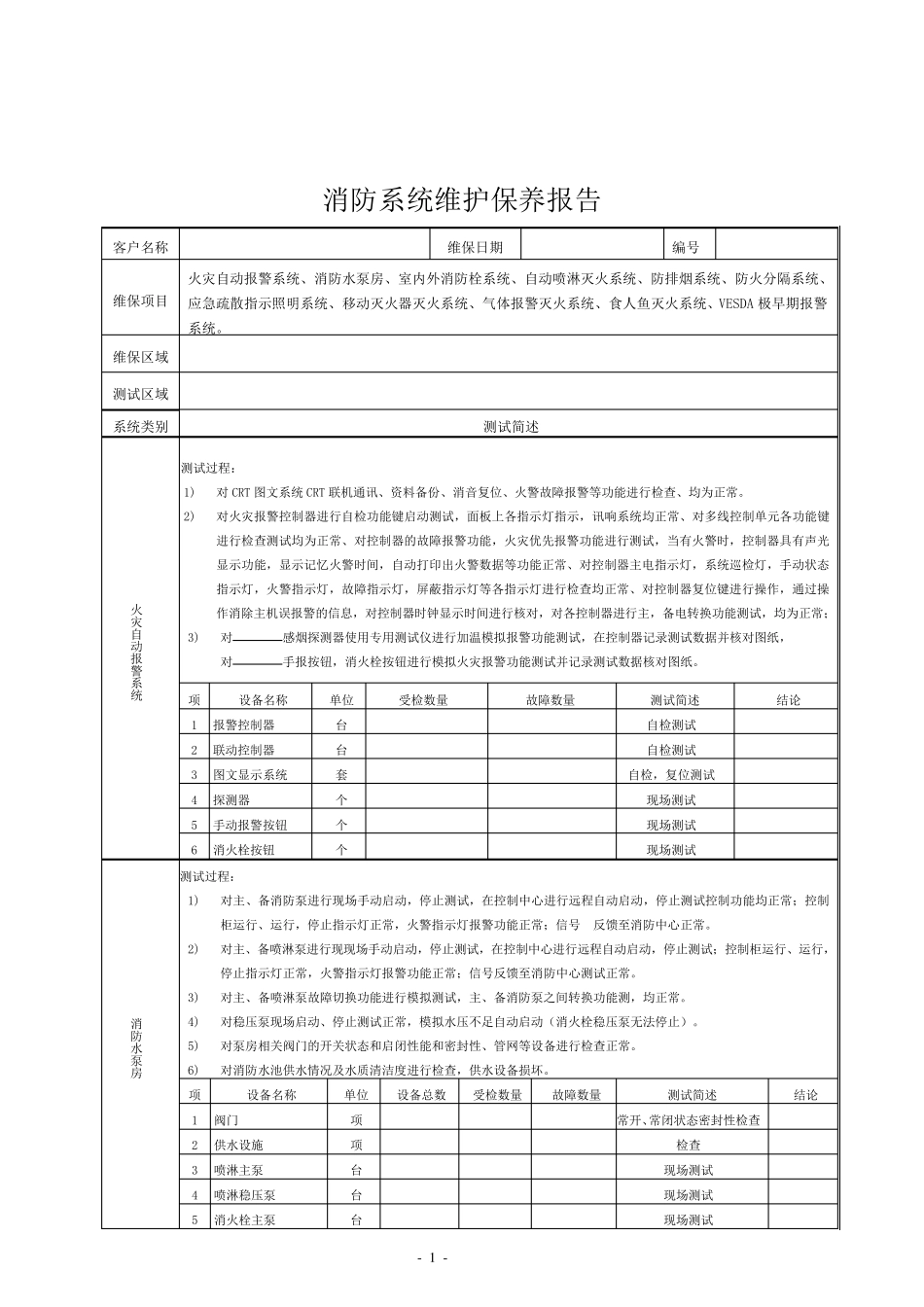 消防维保各系统保养报告模板_第1页