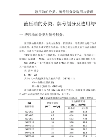 液压油的分类、牌号划分及选用与管理