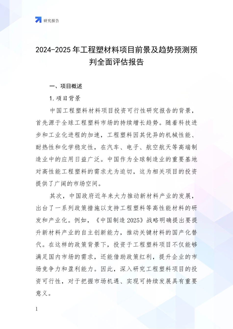 2024-2025年工程塑材料项目前景及趋势预测预判全面评估报告_第1页