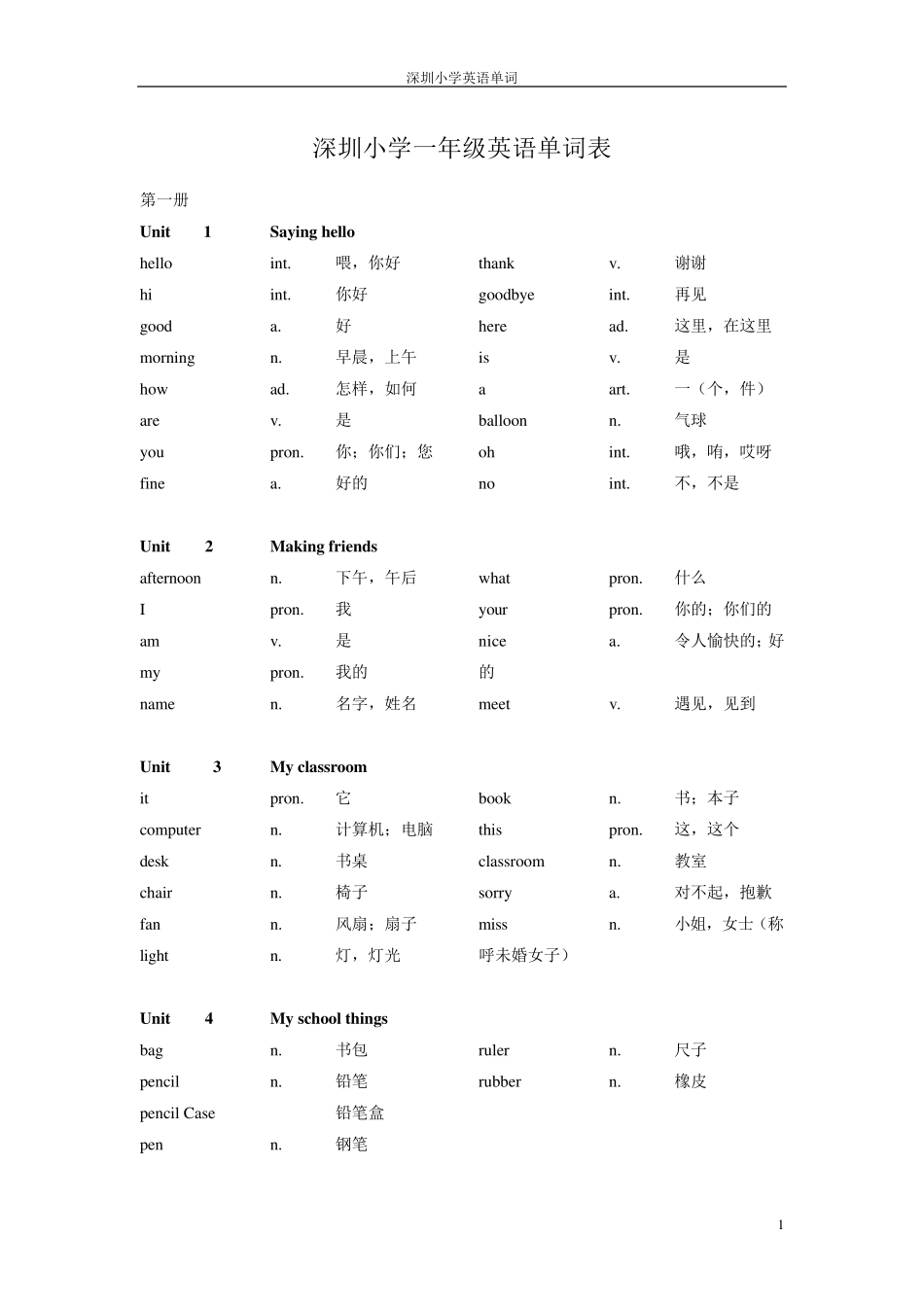 深圳小学一年级英语单词表_第1页