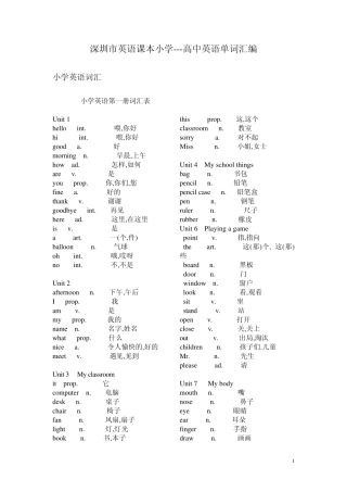 深圳市英语课本小学高中英语单词汇编