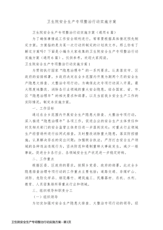 卫生院安全生产专项整治行动实施方案