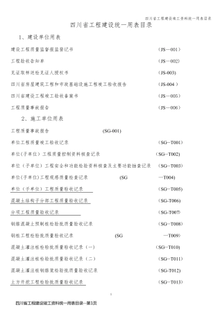 四川省工程建设竣工资料统一用表目录