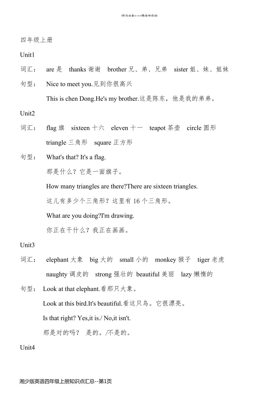 湘少版英语四年级上册知识点汇总_第1页