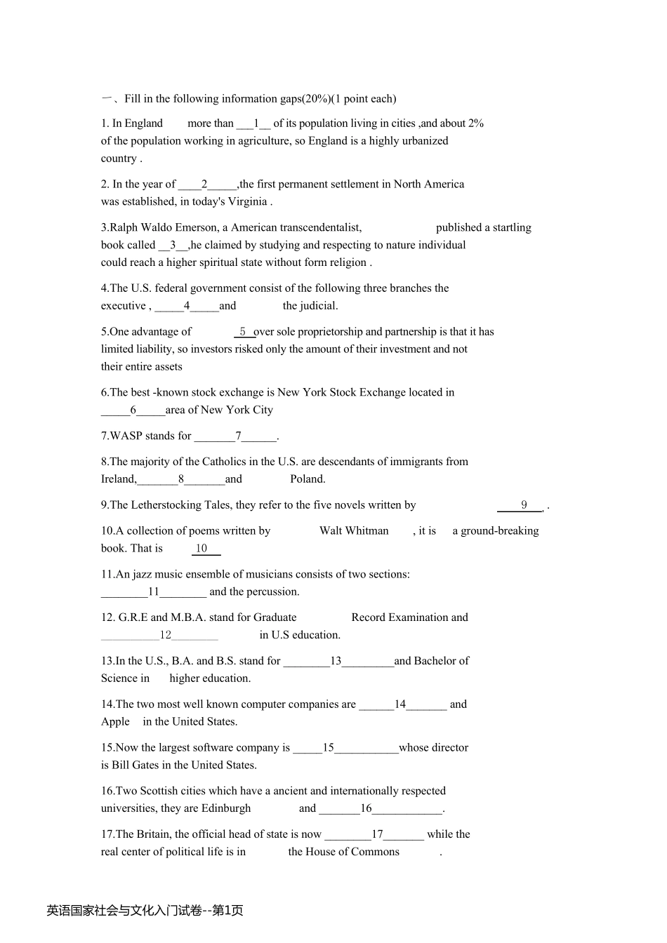 英语国家社会与文化入门试卷_第1页
