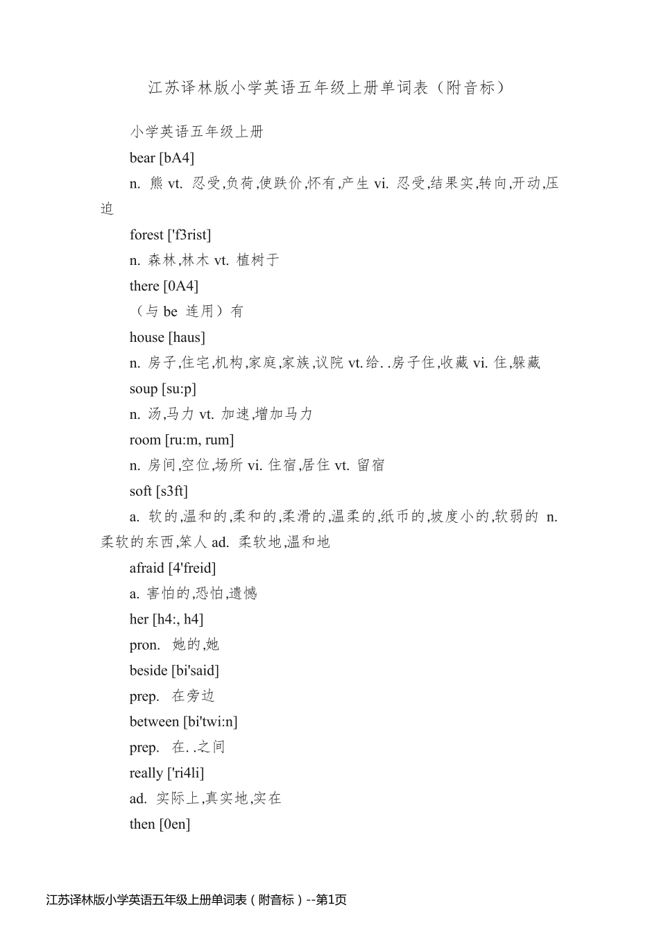 江苏译林版小学英语五年级上册单词表（附音标）_第1页