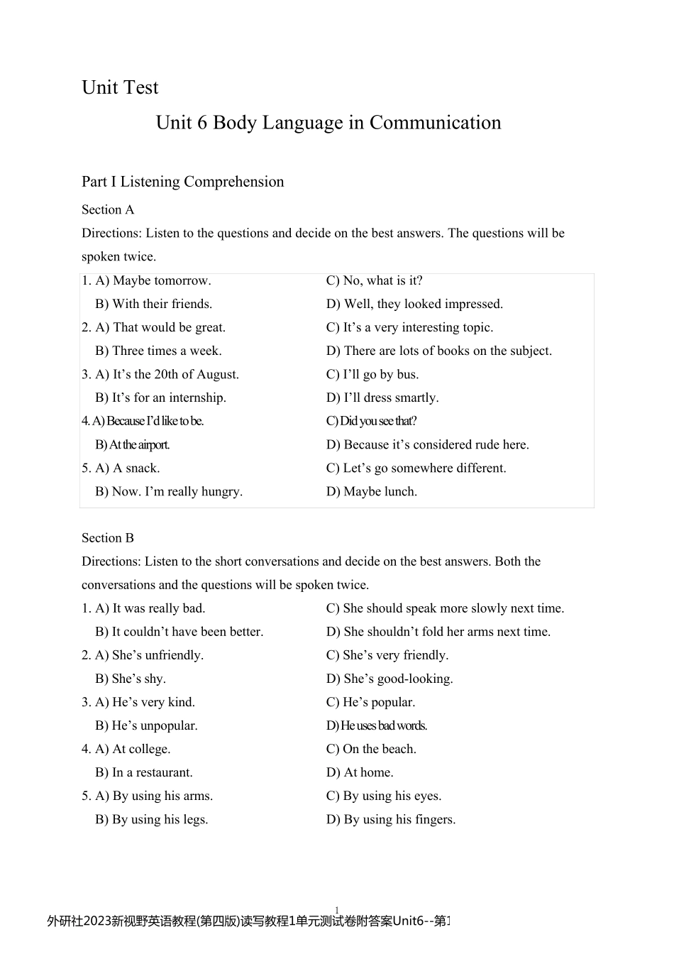 外研社2023新视野英语教程(第四版)读写教程1单元测试卷附答案Unit6_第1页