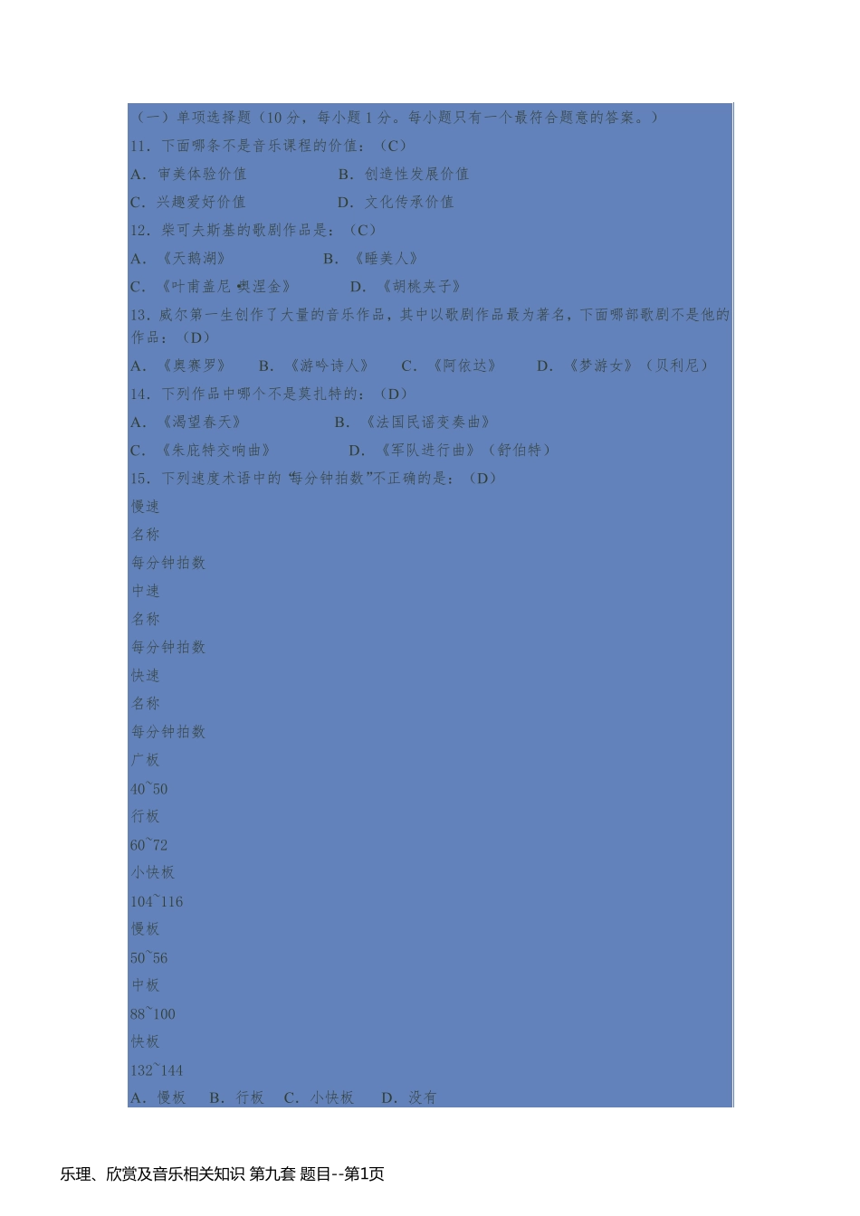 乐理、欣赏及音乐相关知识 第九套 题目_第1页