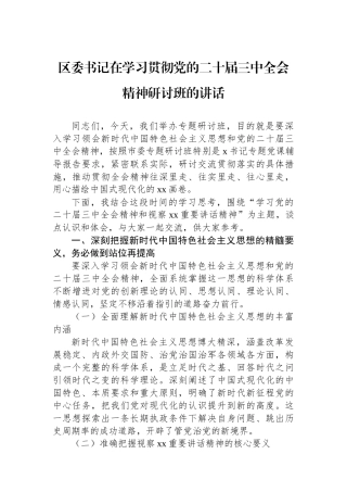 区委书记在学习贯彻党的二十届三中全会精神研讨班的讲话